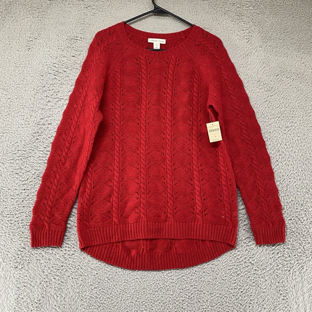 Coldwater Creek Sweater Womens M Red Soft Touch Pointelle Cable Knit Cashmere